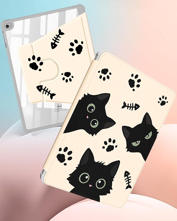 Uppuppy for iPad 5th/6th Generation Case for iPad Air 1st/Air 2nd/Pro 9.7 inch 2016 Case - 360 Degree Rotating Stand Folio Smart Cover with Pencil Holder for Women Girls, Black Cats for Apple Tablet