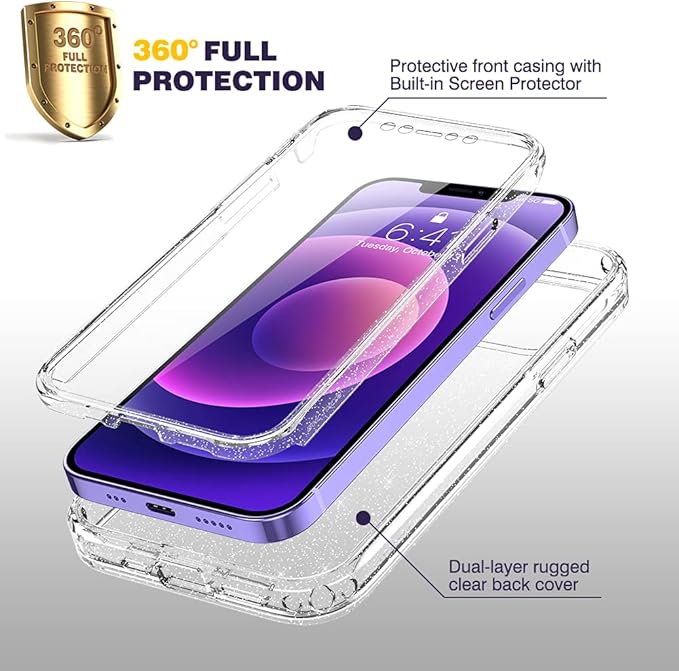 Diaclara Designed for iPhone 12/12 Pro Case, Full Body Rugged with Built-in Touch Sensitive Anti-Scratch Screen Protector, Soft TPU Bumper Case for iPhone 12/12 Pro 6.1" (Clear Glitter)