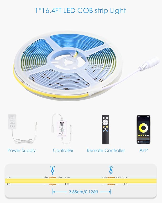 White CCT Tunable COB Led Strip Light with Remote 3000-6500K Dimmable Bluetooth APP Control 24V COB LED Rope Lights 16.4ft/5M 480LED/M Timer Self-Adhesive Light Strip for Bedroom Kitchen DIY Lighting