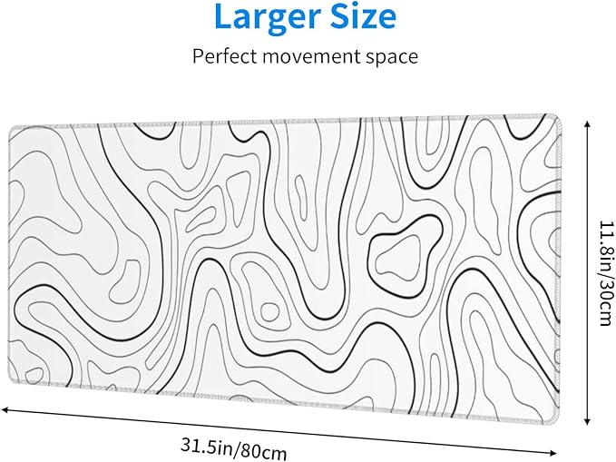 White Extended Gaming Mouse Pad - 31.5 x 11.8 Inch Black and White Topographic Mouse Pad with Anti-Slip Rubber Base for Home Office