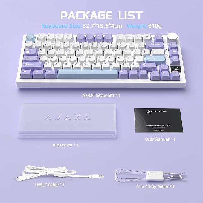 Attack Shark ajazz AK820 Pro Wireless Mechanical Gaming Keyboard Hot Swappable TFT Display & Knob RGB Backlit BT 5.1/2.4Ghz /Type-C Wired Gasket-Mounted Custom Keyboard for PC/Win(Purple/Fish Switch)