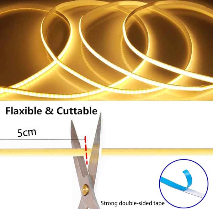 MDee】USB COB Tape Light LED Strip.9.84ft/3m- Flexible 5mm Hidden DC 5V LED Tape with 320 LEDs/m for White (6000K) Lighting. Cuttable, Shapeable, USB Powered. Ideal for Kitchen
