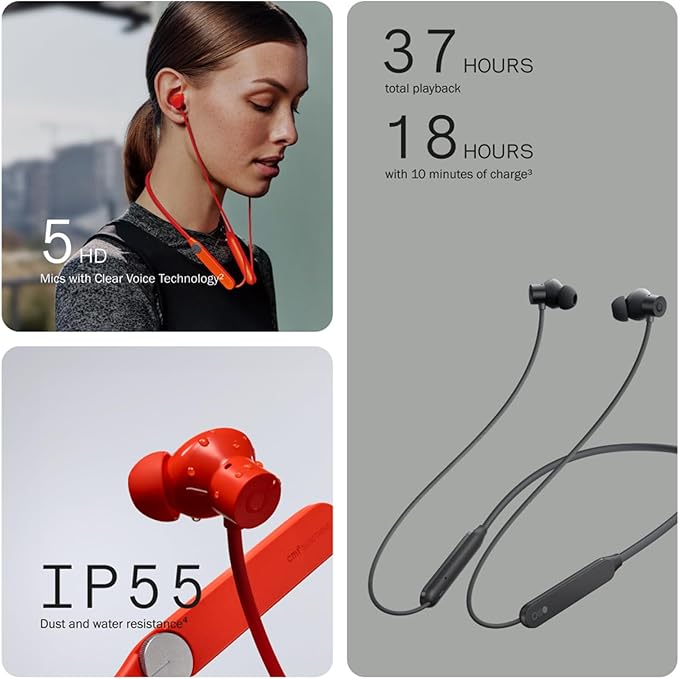 CMF BY NOTHING CMF Neckband Pro Bluetooth Headphones,50dB Hybrid Active Noise Cancelling Earbuds with 5 HD Mics,IP55 BT5.3 37Hours Long Play time Dual Device Connection Neckband Headphones-Light Grey