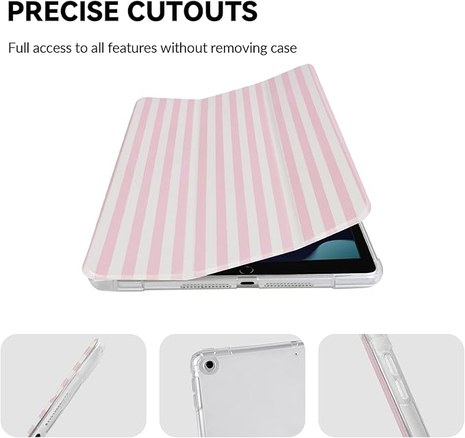Lovmooful Compatible for iPad 5/6 (9.7-Inch,2018/2017 Model,6th/5th Generation) Case with Pencil Holder Cute Striped with Aesthetic Design Soft TPU Trifold Stand Protective-Pink&White