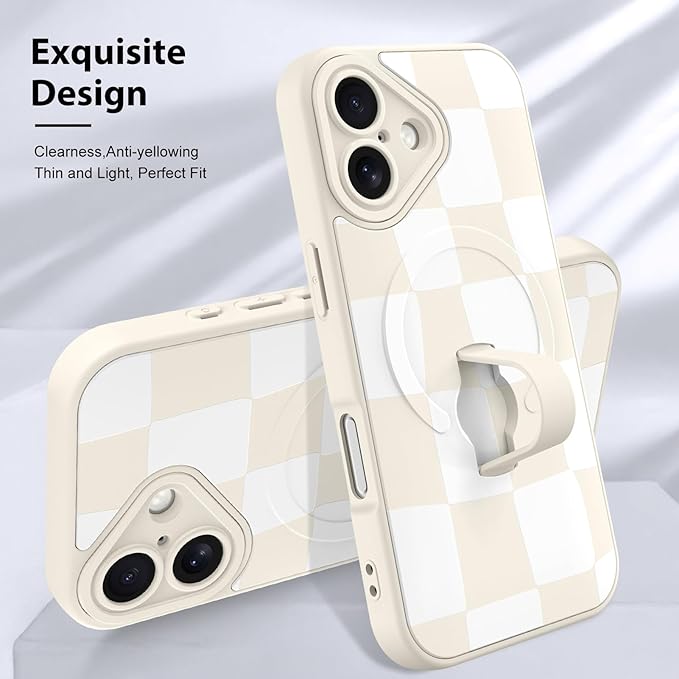 KANGHAR Compatible with iPhone 16 Case, Support for MagSafe, Silicone Checkered Cute Pattern, Wristband Kickstand Camera Protection Soft Slim Cover for Girls Women -White