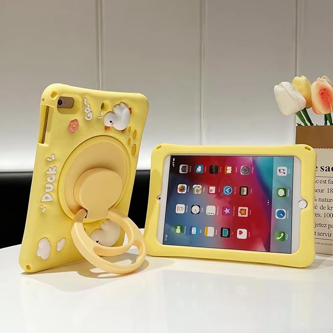 3D Cute Press Duck Case for iPad mini 1st 2nd 3rd 4th 5th Gen 7.9 inch,Kawaii Cartoon Character Duck Soft Silicone Rotating Stand Case with Lanyard for Kids Teens Girls Women