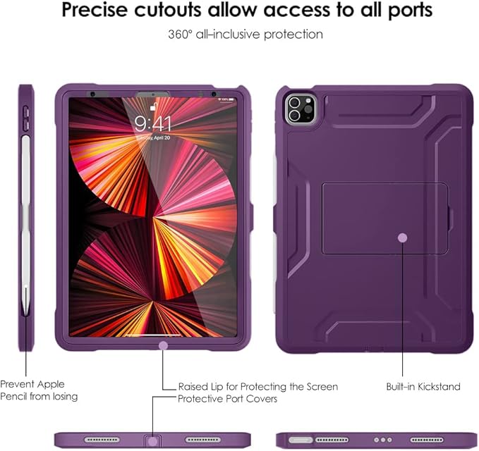 DTTO for iPad Pro 11 inch Case 2022(4th Gen)/2021(3rd Gen), [Screen Protector] Dual Layer Full Body Protection Cover with Pencil Holder, Also Fit iPad Pro 11'' 2020&2018/iPad Air 5/Air 4 - Purple