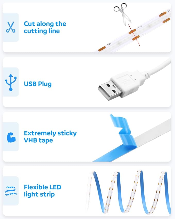 Aclorol LED Strip Lights 5V USB 6.56FT/2M 640 LEDs Blue Indoor Rope Lights for Bedroom Not Waterproof IP20 CRI85+ Flexible LED Light for TV Backlight Living Room Party DIY Lighting