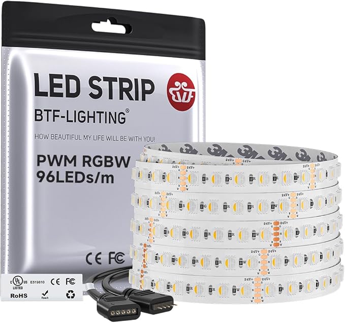 BTF-LIGHTING UL Listed RGBW LED Strip Lights,5050 4 Colors in 1 RGB + 2700K-3000K Warm White,24V DC,16.4ft/5m 96LEDs/m 12mm White PCB, IP30 for Home Decoration(No Adapter or Controller)