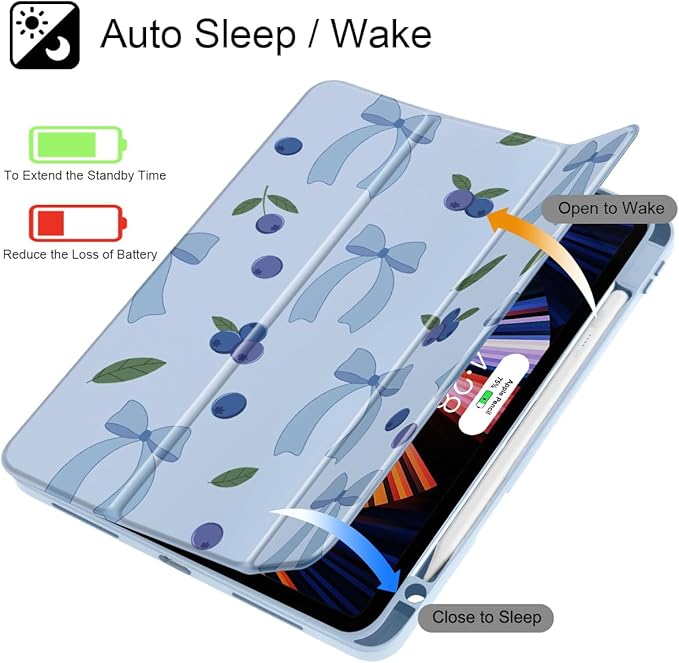 Tuiklol for iPad Pro 11 Inch 4th / 3rd / 2nd / 1st Gen (2022 2021 2020 2018) Case -Built-in Pencil Holder Shockproof Cover Clear Transparent Back Shell with Auto Wake/Sleep, Blue-Berries