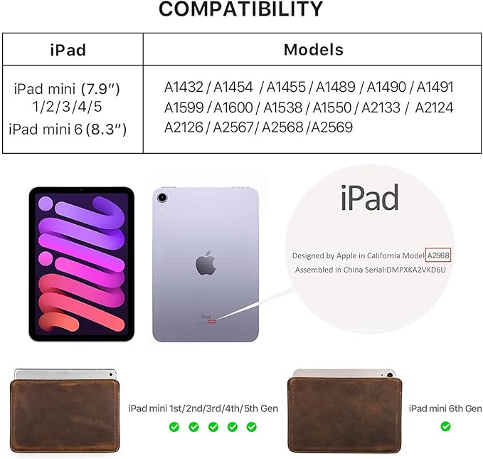 Top Grain Leather 8.3" Slim Tablet Sleeve Case Protector, Solid Minimalist Vintage Design, Fully Handmade, Compatible with 8.3" iPad mini 6 iPad mini 7.9" & Other Tablet, Brown 8.3 Inch