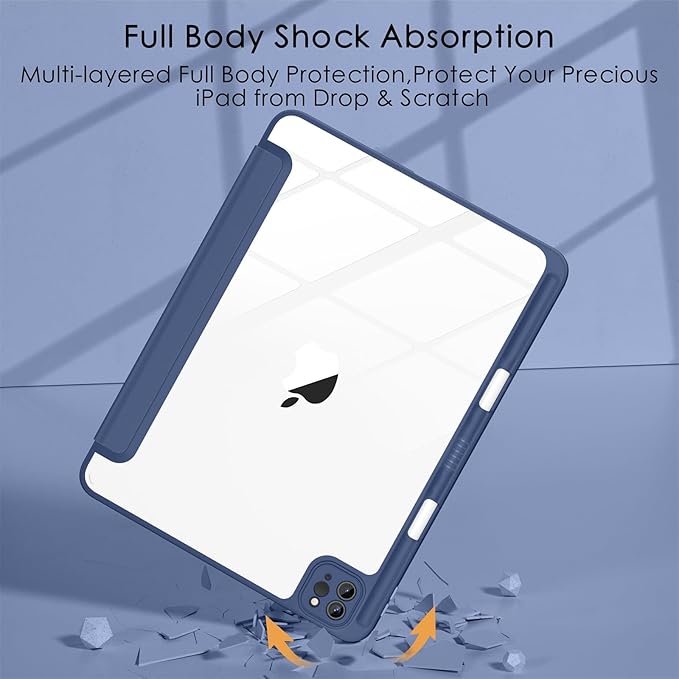 Soke Case for iPad Pro 12.9 Inch (6th/5th/4th/3rd Generation, 2022/2021/2020/2018) - Pencil Holder + Auto Sleep/Wake + Camera Protection, Transparent Shockproof Back Cover, Navy