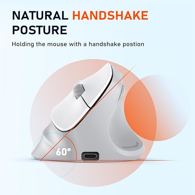 MEETION Ergonomic Mouse, Wireless Vertical Mouse RGB Backlit Rechargeable Mice for Bluetooth(5.2 + 3.0) & USB-A with Type-c Adapter 4 Adjustable DPI Mac/Windows/Andriod/Tablet/iPad Gray