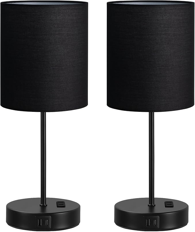 Black Touch Lamps for Nightstand Set of 2 - Bedside Table Lamp for Bedroom with Dual USB Ports & AC Outlet, 3-Way Dimmable Lamps for Living Room Boys Room, Night Light with 5000K Daylight Bulbs