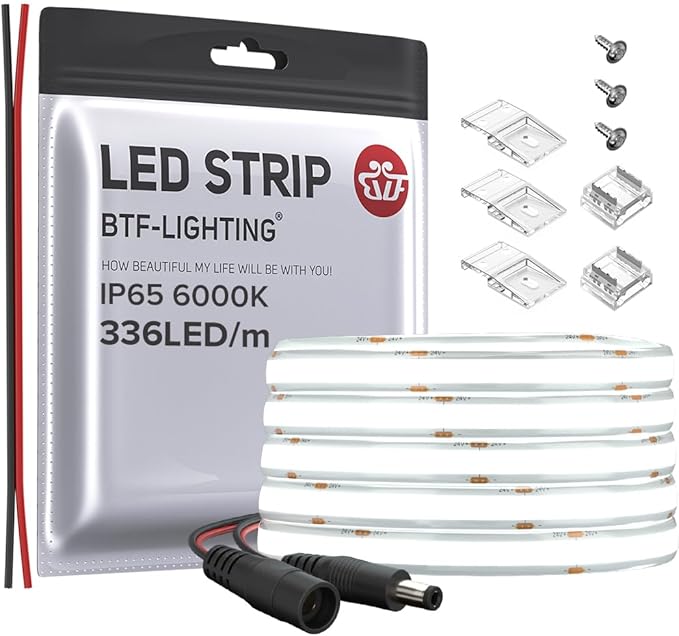 BTF-LIGHTING FCOB COB LED Strip IP65 Flexible High Density Uniform Light 8W/m 16.4FT DC12V Daylight White 6000K 336LED/m CRI 90+ 8mm Width Dimmable LED Ribbon for Decor(No Adapter or Controller)