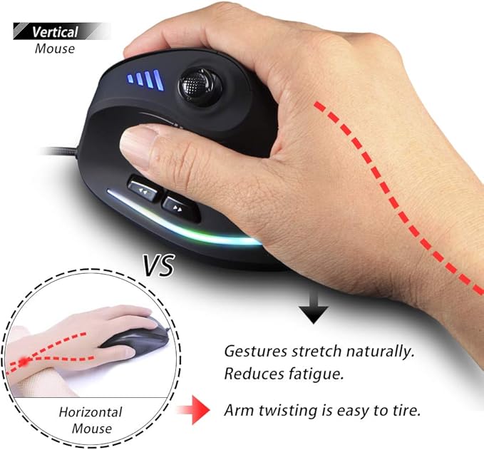 Vertical Mouse, Ergonomic USB Wired Vertical Mouse with [5 D Rocker] [10000 DPI] [11 Programmable Buttons], RGB Gaming Mouse for Gamer/PC/Laptop/Computer