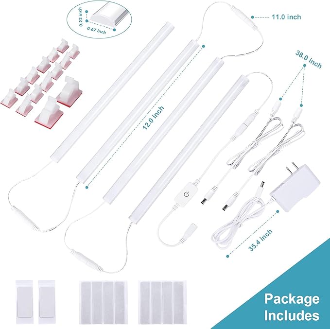 JUSJUBR Under Cabinet Lights Plug-in, 4 Pack x 12inch Warm White 3000K LED Under Cabinet Lighting, Dimmable Under Counter Lights with Memory Function, LED Light Bars for Kitchen Pantry Desk