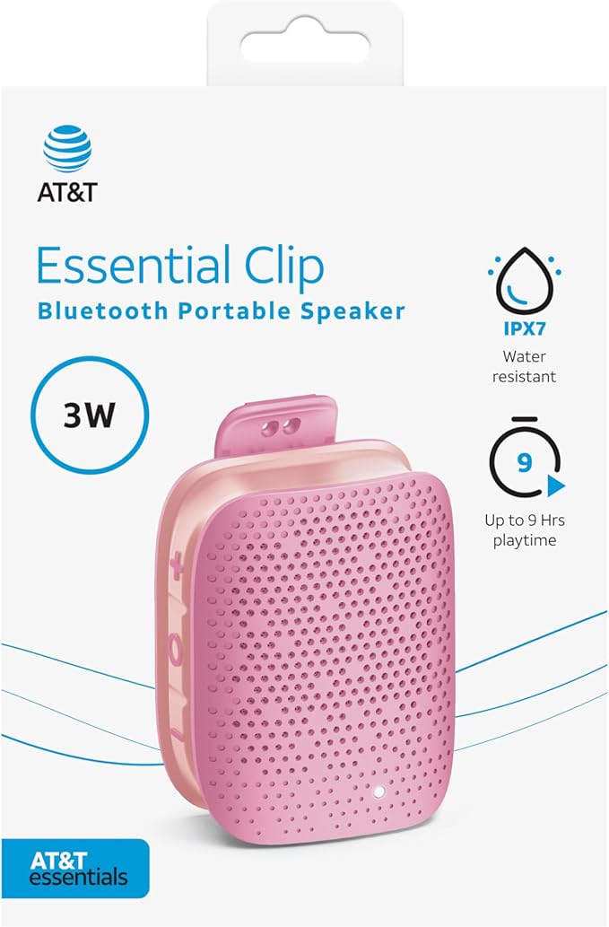 AT&T Essentials Clip Bluetooth Speaker | Mini Portable Bluetooth 5.3 Speaker with USB-C, Waterproof IPX5, 12-Hour Battery, Compact Clip-On Audio for Travel, Dorm, Outdoors - Pink