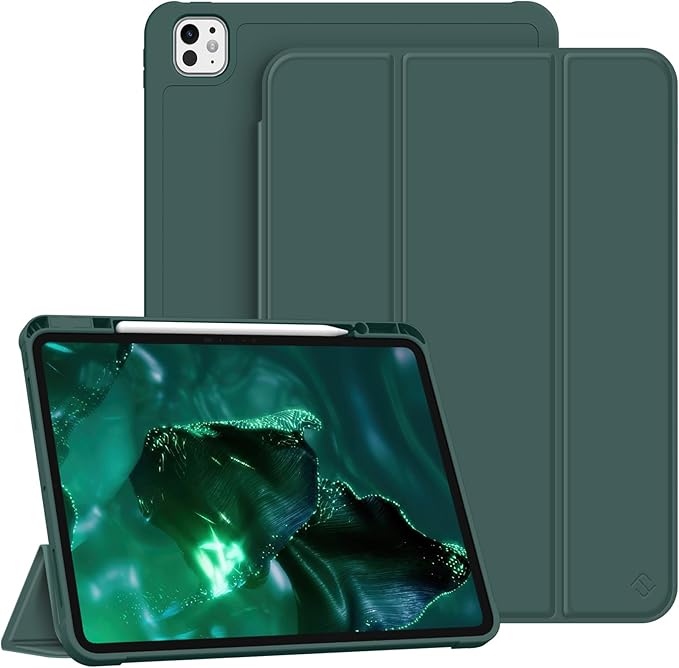 Fintie SlimShell Case for iPad Pro 13-inch (M5) 2025 / (M4) 2024 - [Built-in Pencil Holder] Soft TPU Protective Stand Back Cover with Auto Wake/Sleep, Midnight Green