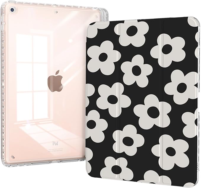 Case for iPad 10.2-inch 9th Generation (2021)/ 8th Generation (2020)/ 7th Gen (2020), Protective Slim Clear Back Cover with Pencil Holder, Trifold Sturdy Stand, Black Daisy