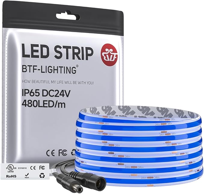 BTF-LIGHTING FCOB IP65 Waterproof Blue Color COB LED Strip 16.4FT DC24V 480LED/m 8mm Width Flexible High Density CRI 90+ Dimmable LED Light for Home Indoor Decor(No Controller or Adapter)