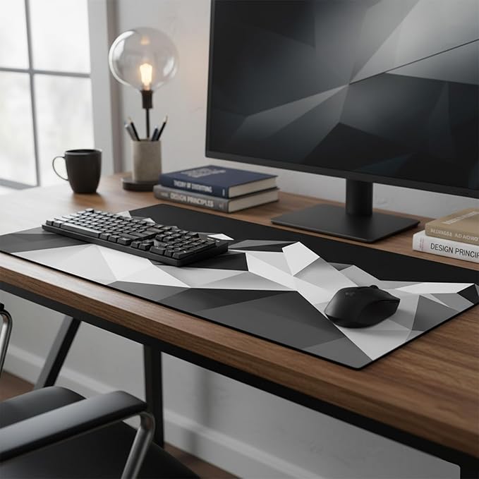 Large Gaming Mouse Pad (31.5x11.8in) - Black & White Geometric Mountain Landscape, Abstract Low Poly Design - Extended Desk Mat, Minimalist Monochrome Office Decor, Non-Slip Rubber Base