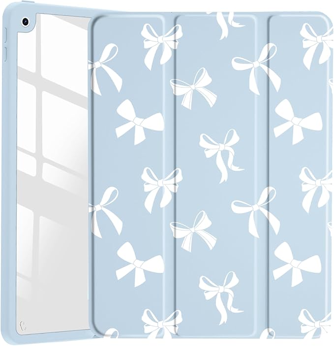 JOYLAND White Bow Pattern Case for iPad Pro 12.9" 6th/5th/4th/3rd Generation (2022/2021/2020/2018), Clear Transparent Acrylic Hard Back Blue Case with Pencil Holder Trifold Stand Tablet Cover