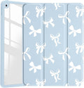 JOYLAND White Bow Pattern Case for iPad Pro 11-inch (M4) 2024 5th Generation,Clear Acrylic Hard Back Blue Case with Pencil Holder Trifold Stand Tablet Cover (Model Number:A2836/A2837/A3006)