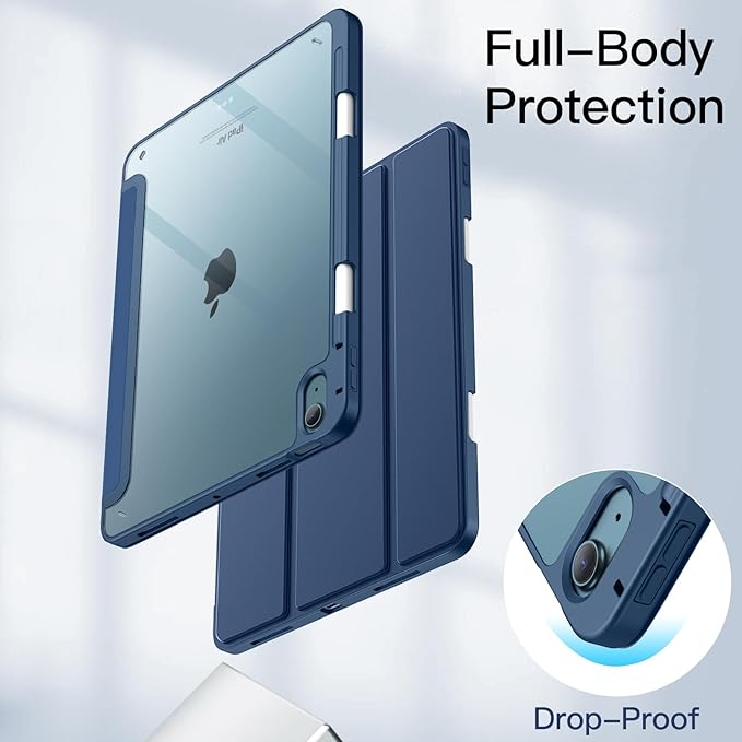 JETech Case ONLY for iPad Air 11-Inch M4/M3/M2 (2026/2025/2024), iPad Air 5/4 (2022/2020 5th/4th) with Pencil Holder, Clear Transparent Back Slim Stand Shockproof Tablet Cover (Navy)