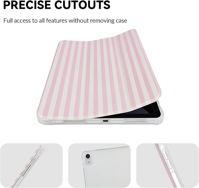 Lovmooful Compatible for iPad Air 6th 11-inch M2 (2024),iPad Air 5/4 (2022/2020 5th/4th Generation 10.9-Inch) Case with Pencil Holder Cute Striped Design Soft TPU Trifold Stand Protective-Pink&White