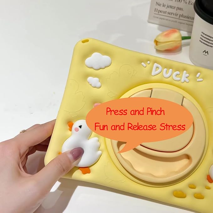 3D Cute Press Duck Case for iPad mini 1st 2nd 3rd 4th 5th Gen 7.9 inch,Kawaii Cartoon Character Duck Soft Silicone Rotating Stand Case with Lanyard for Kids Teens Girls Women