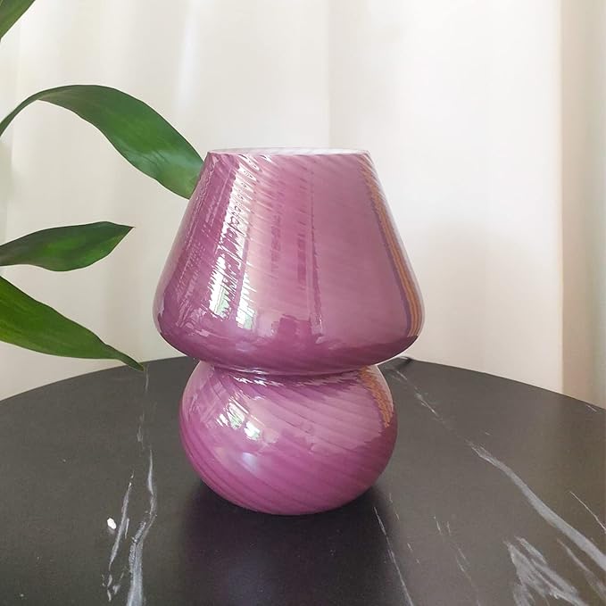 Mushroom Lamp,Glass Mushroom Bedside Table Lamps Purple Translucent Murano Vintage Style Striped Small Nightstand Desklamp Swirl Light for Home Decor, Dining, Living, Bedroom, Gift (Stripe Purple)