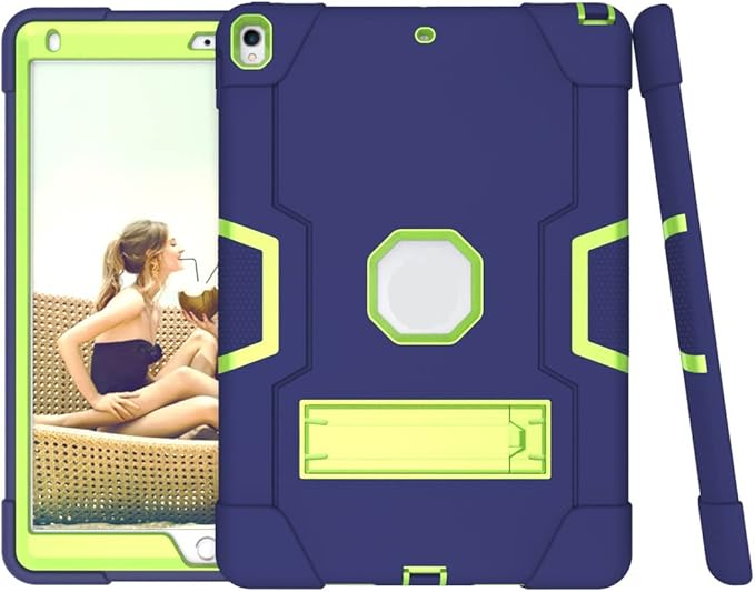 3 in 1 Hybrid Case for iPad Air 3 10.5" & iPad Pro 10.5" - Heavy Duty Rugged Stand, Shockproof, Anti-Slip, Anti-Scratch, Blue/Yellow Green