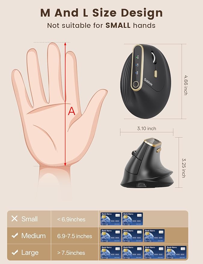 SABLUTE MAM4 Ergonomic Vertical Mouse for M/L Hands, 8K DPI, Ultra-Fast Scrolling, 6 Programmable Buttons, Tri-Mode Wireless Rechargeable Mouse, 800mAh Built-in Battery, for PC/Mac/Laptop, Black