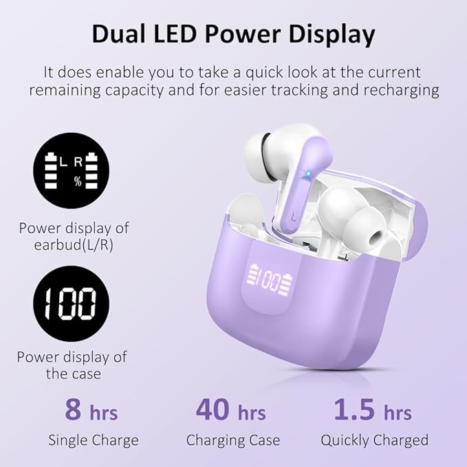 Wireless Earbud, Bluetooth Headphones 5.3 NEW 40H Ear Buds Bass Stereo Earphones Noise Cancelling Earbud with 4 ENC Mic in-Ear Bluetooth Earbud USB-C LED Display IP7 Waterproof Sport for Android iOS