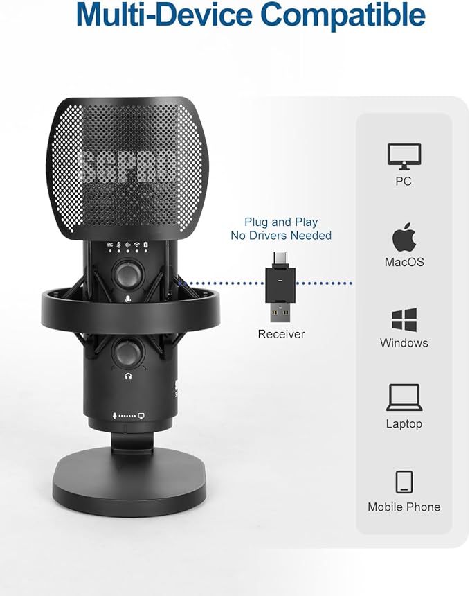 SGPRO Wireless USB Microphone for Streaming, Podcast, SG-CM25 Gaming Condenser Mic with RGB, Noise Cancellation, Tap to Mute, 24-bit/48kHz Recording, Includes Shock Mount & Pop Filter (PC/Mac/Mobile)