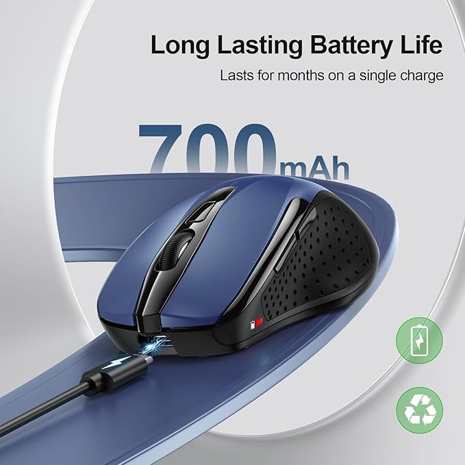 TECKNET Rechargeable Wireless Mouse, 2.4G Silent Quiet Click, 6 Adjustable 4800 DPI, Cordless Computer Mouse, Ergonomic Mouse for Laptop, 6 Buttons USB for Chromebook, Ergo Grip - Blue