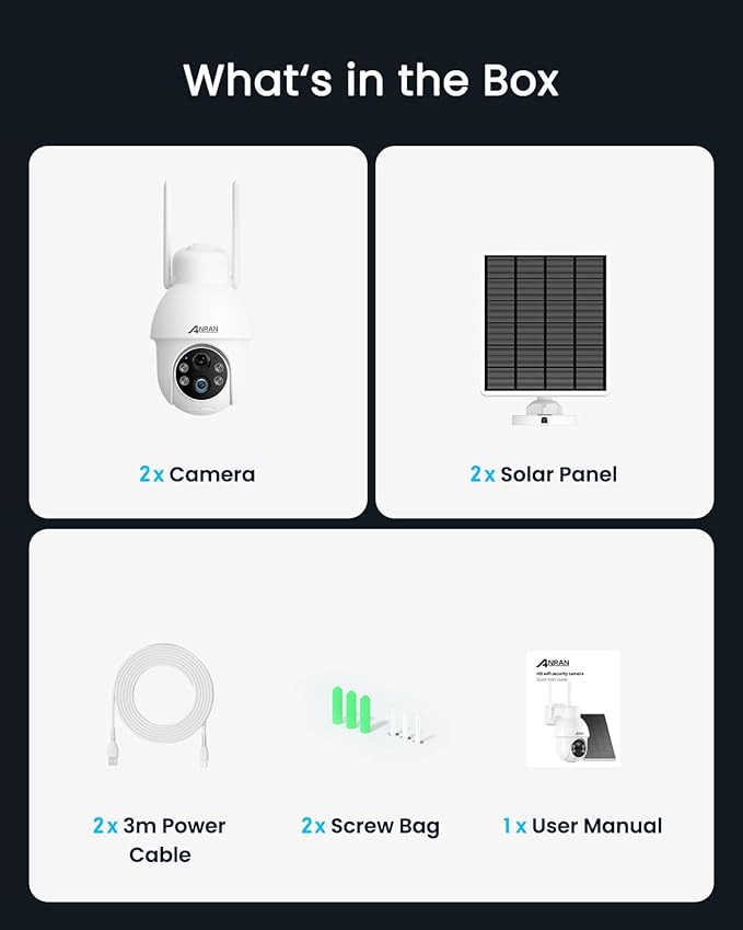 ANRAN 2K Solar Security Camera Wireless Outdoor, 2 Pack Battery-Powered WiFi Camera with 360° PTZ for Home Security, PIR Motion Detection, 3MP Color Night Vision, Two-Way Audio, Alexa Compatible