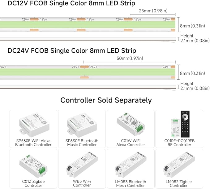 BTF-LIGHTING FCOB IP65 Waterproof Ice Blue Color COB LED Strip 16.4FT DC24V 480LED/m 8mm Width Flexible High Density CRI 90+ Dimmable LED Light for Home Indoor Decor(No Controller or Adapter)