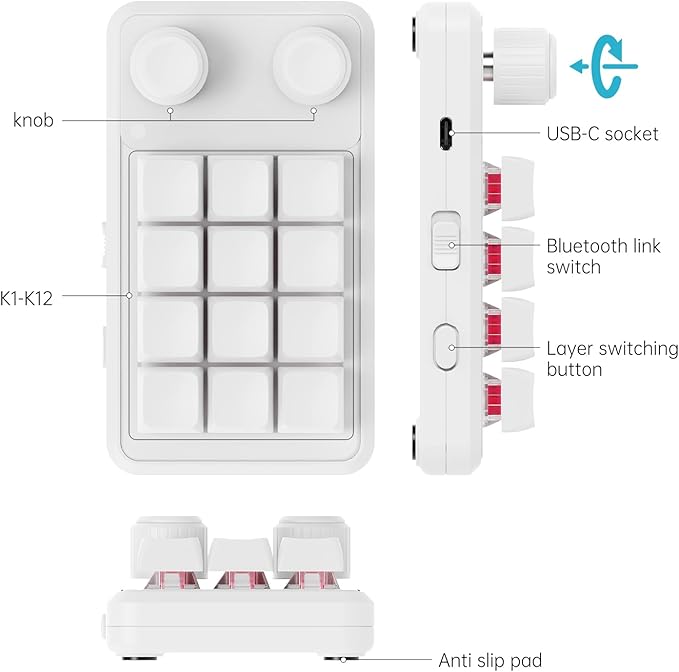 MOSHOU One-Handed Macro Mechanical Tactile Keyboard, 12-Keys Gaming Keyboard Fully Programmable for Knobs and Keys, OSU Keypad Hotswap Keypad with RGB for Game Editing PS (3-Layer,White)