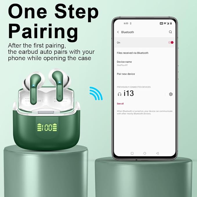 Wireless Earbuds, Bluetooth Headphones 2025 NEW Ear Buds 40H Bass Stereo in-Ear Earphones ENC Noise Cancelling 5.3 Earbuds with 4 HD Mic, USB-C LED Display IP7 Waterproof Sport Headset for Android iOS