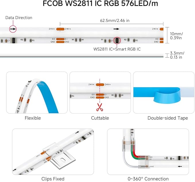 BTF-LIGHTING FCOB WS2811 IC RGB COB LED Strip DC24V 576LED/m 9.8FT Flexible High Density Color Chasing Uniform Light 16IC/m 10mm Width for Indoor Lighting Project(No Adapter or Controller)