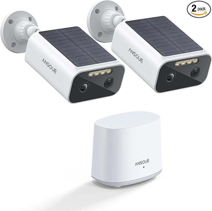 ANSQUE Solar Security Cameras Wireless Outdoor, 2-Cam-Kit, 2K Home Security Camera System, 365-Day Battery Life, No Subscription Fee, Easy to Install, Color Night Vision, Local Storage
