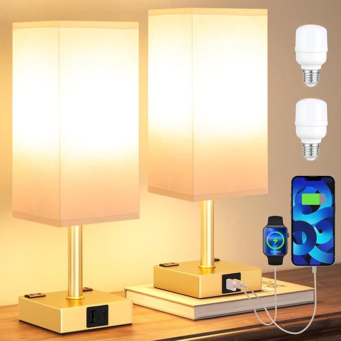 aooshine Gold Base Touch Lamps Set of 2 - Nightstand Lamp with USB-C + A Charge Ports & AC Outlets, 3-Way Dimmable Bedside Lamp, Small Table Lamp Light for Bedroom (Bulb Included)