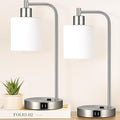 Set of 2 Industrial Touch Control Table Lamps with 2 USB Ports and AC Outlet - 3-Way Dimmable Nickel Bedside Lamp Nightstand Desk Lamps for Bedroom Living Room, Opal Glass Shade & 2 LED Bulbs Included
