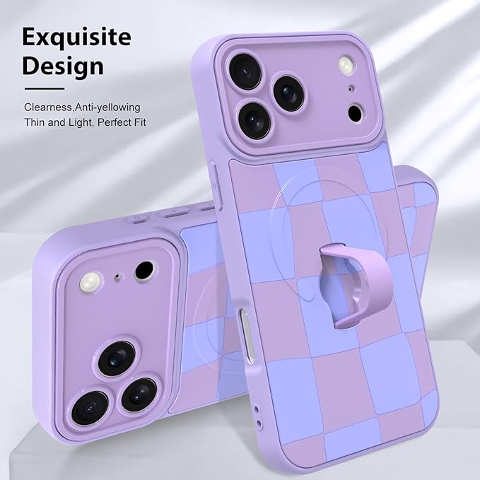 KANGHAR Compatible with iPhone 17 Pro Max Case, Support for MagSafe, Silicone Checkered Cute Pattern, Wristband Kickstand Camera Protection Soft Slim Cover for Girls Women -Purple