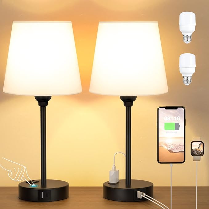 White Bedside Lamps for bedrooms Set of 2 - Nightstand Bedroom Lamp with USB C Port and AC Outlet Charging, 3 Way Dimmable Touch Control Small White Bed Side Table Lamp, Nightstand Light for Kids