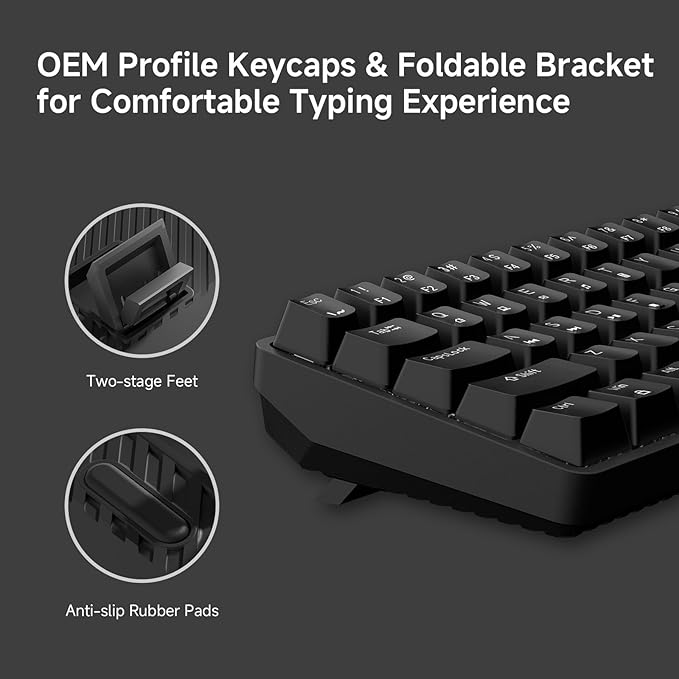 TMKB 60% Mechanical Gaming Keyboard, Red Linear Switch, LED Backlight, Anti-Ghosting, Detachable USB-C, Double-Shot Keycaps, 61 Keys, Wired, Black