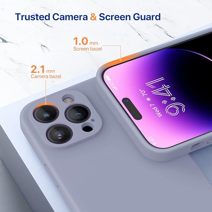 Miracase Designed for iPhone 14 Pro Max Phone Case with Screen Protector,[Upgraded Enhanced Camera Protection],Shockproof Liquid Silicone Case with Microfiber Lining,6.7 inch, Lavender Gray