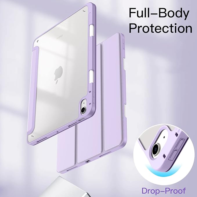 JETech Case ONLY for iPad Air 11-Inch M4/M3/M2 (2026/2025/2024), iPad Air 5/4 (2022/2020 5th/4th) with Pencil Holder, Clear Transparent Back Slim Stand Shockproof Tablet Cover (Light Purple)